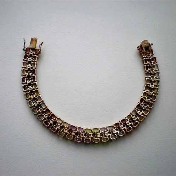 Vintage Sterling Silver Multi Gem Garnet Peridot Blue Topaz Tennis Bracelet